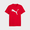 Puma Mens Graphic Cat Logo Tee Red displayed in bright red color with iconic cat logo.