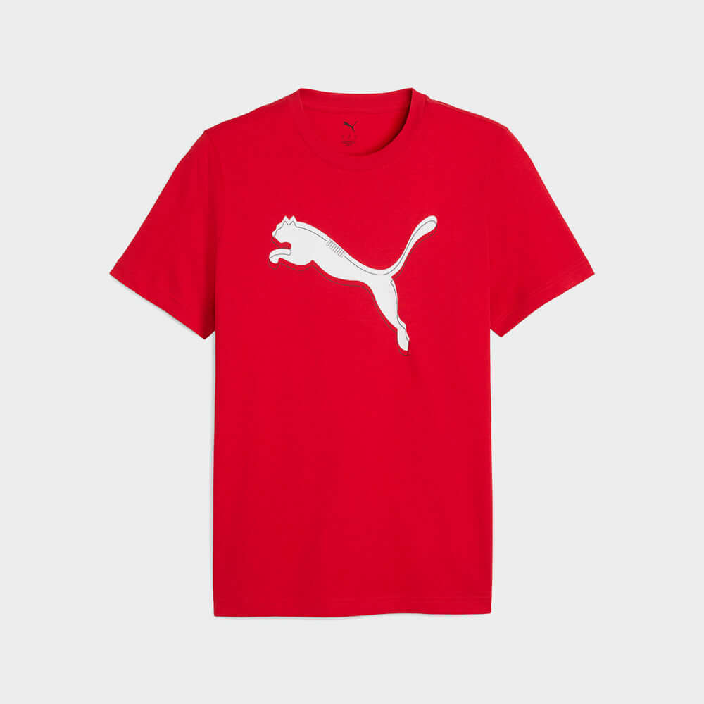 Puma Mens Graphic Cat Logo Tee Red displayed in bright red color with iconic cat logo.
