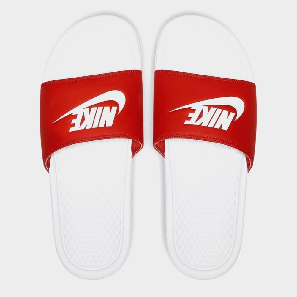 Red and white nike slippers hot sale