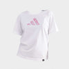 Adidas Womens Softs Tee White with pink floral graphic, casual fit cotton shirt.