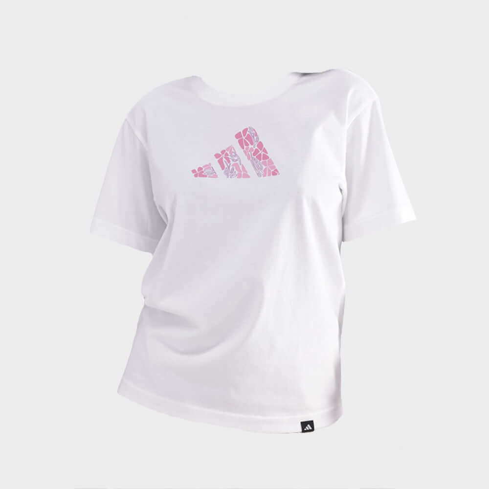 Adidas Womens Softs Tee White with pink floral graphic, casual fit cotton shirt.