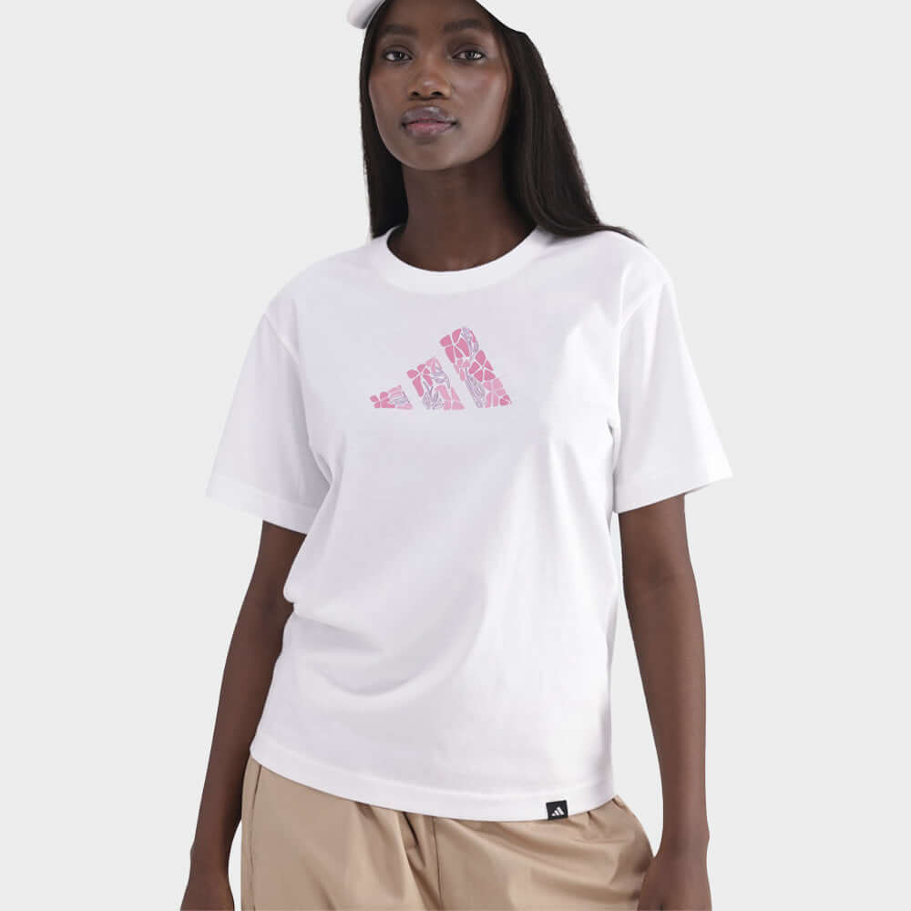 Adidas Womens Softs Tee White featuring floral graphic design on a casual cotton tee.