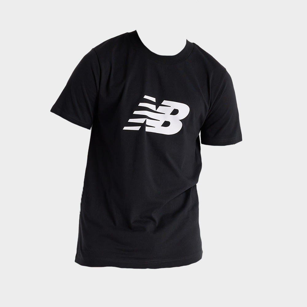 New Balance Men's black graphic tee with iconic logo, made from comfortable 100% cotton jersey fabric.