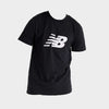 New Balance Men's black graphic tee with iconic logo, made from comfortable 100% cotton jersey fabric.