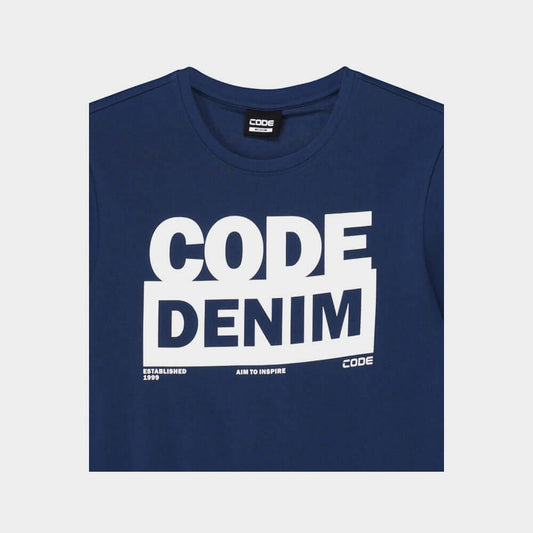 Bold logo tee for men in navy blue with CODE DENIM printed design.