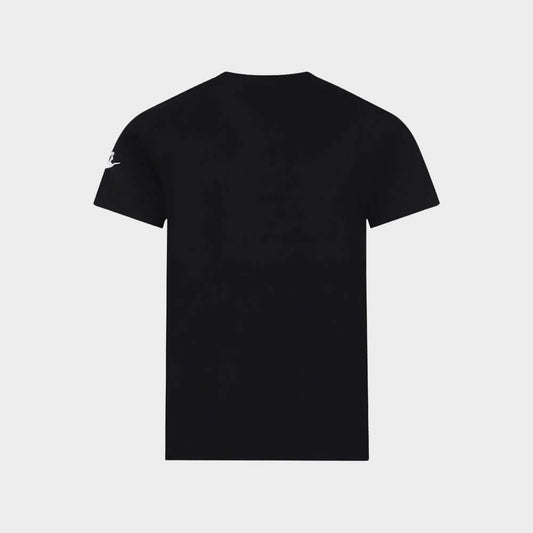 Nike Kids Furtura Evergreen Tee Black back view, classic black t-shirt with logo on sleeve.