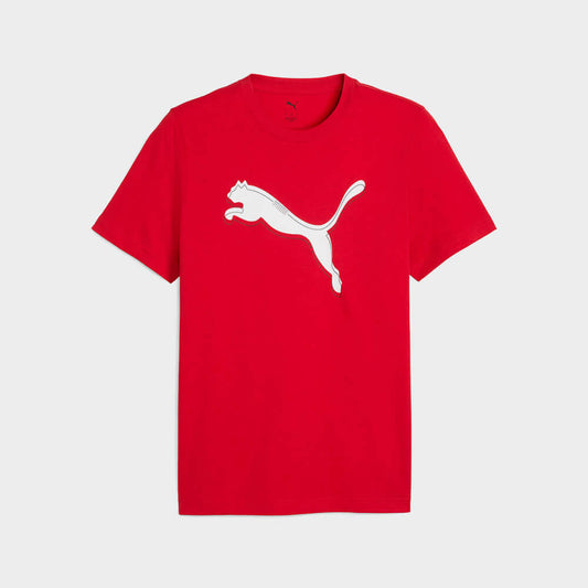 Puma Mens Graphic Cat Logo Tee Red displayed in bright red color with iconic cat logo.