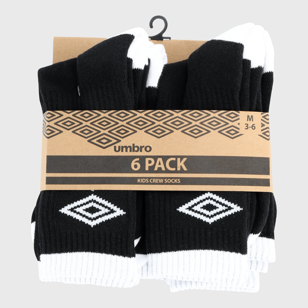Umbro Unisex 6 Pack Kids Crew Sock Black/White _ 181583 _ Black