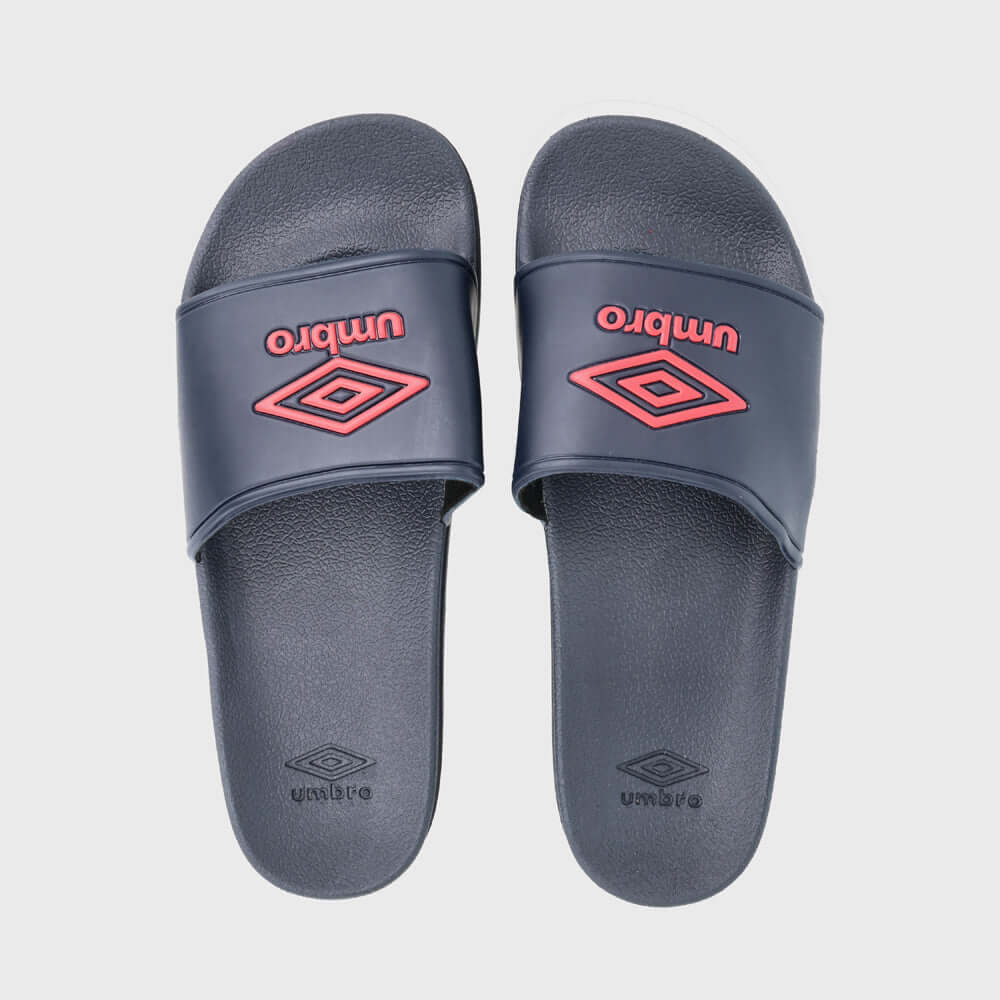 Umbro unisex sport slides in navy with red logo, featuring cushioned footbed for comfort and slip-on design.