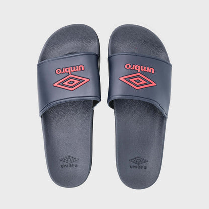 Umbro unisex sport slides in navy with red logo, featuring cushioned footbed for comfort and slip-on design.