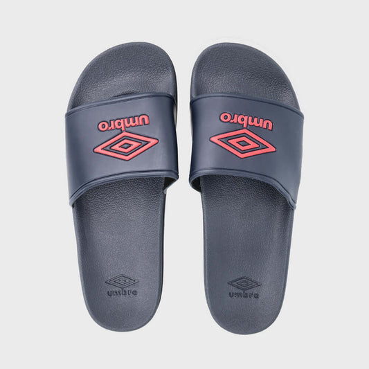 Umbro unisex sport slides in navy with red logo, featuring cushioned footbed for comfort and slip-on design.