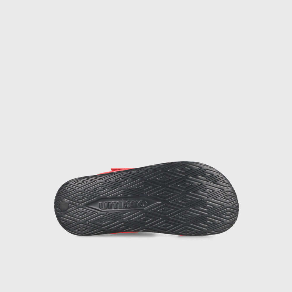Umbro kids embossed strap sandals red bottom view with textured sole for grip and support.