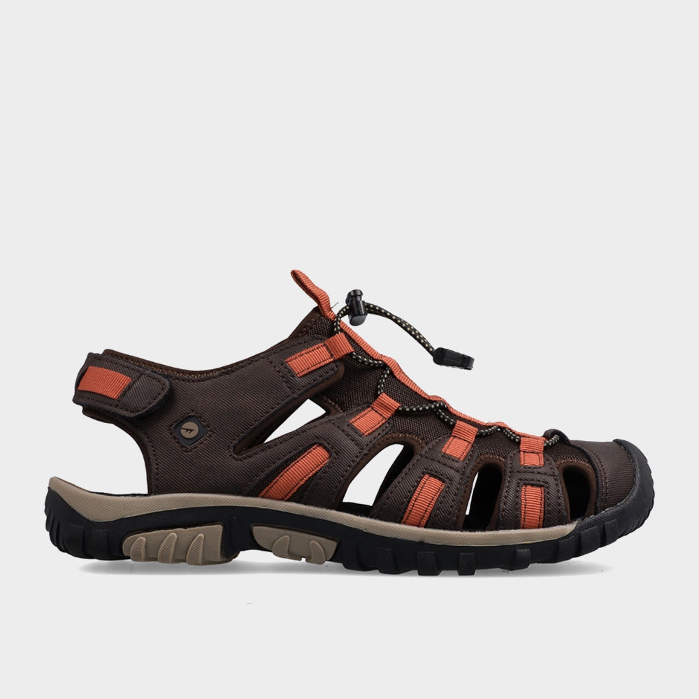 Hi-Tec Mens Cove Sport outdoor sandals in brown and orange, designed for comfort and durability for outdoor adventures.