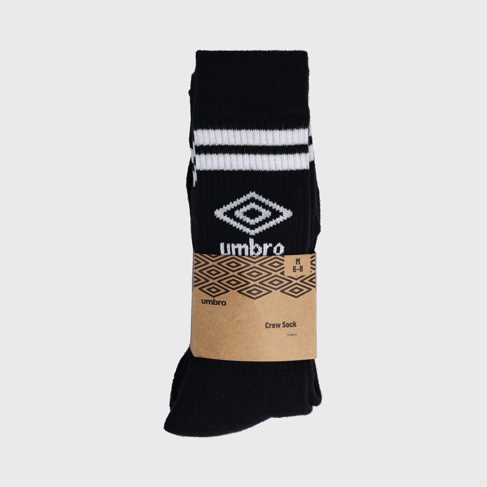 Umbro Unisex 3 Pack Stripe Crew Socks Black