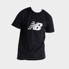 New Balance Men's black graphic tee with iconic logo, made from comfortable 100% cotton jersey fabric.
