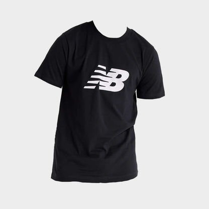 New Balance Men's black graphic tee with iconic logo, made from comfortable 100% cotton jersey fabric.