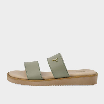 Puma Womens Gracecat Double Strap Sandals Green side view with wide straps and cushioned footbed.