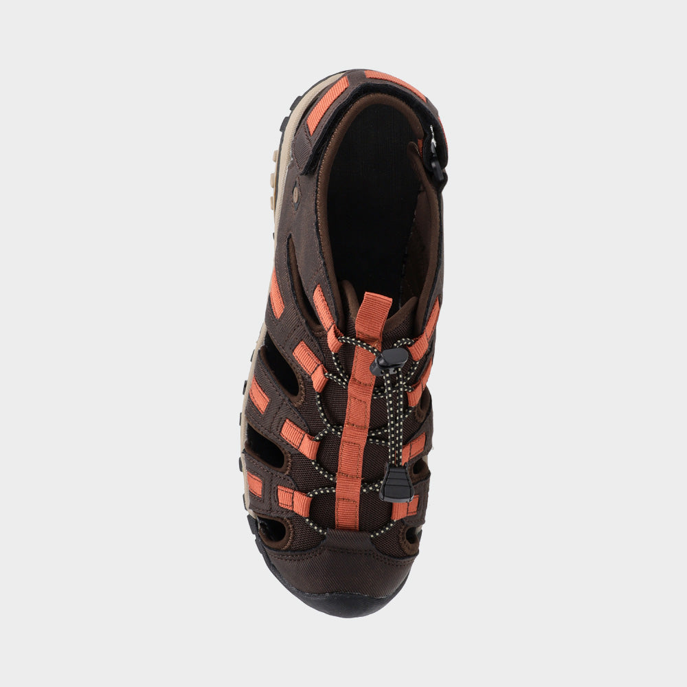 Hi-Tec Men's Cove Sport Outdoor Sandal in brown and orange, top view showcasing its strap design and comfort features.
