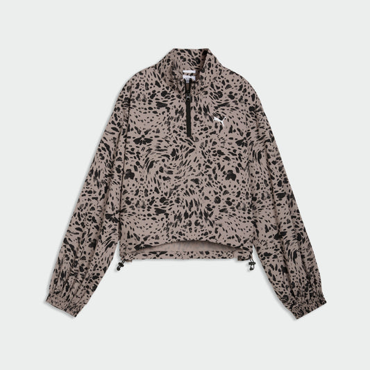 PUMA WOMENS Essential Graphic Animal Relaxed All Over Print Half Zip Jacket BROWN