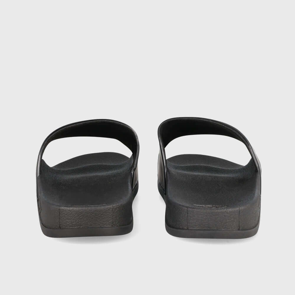 Back view of Umbro Unisex Sport Slides in Black showcasing cushioned footbed and slip-on design.