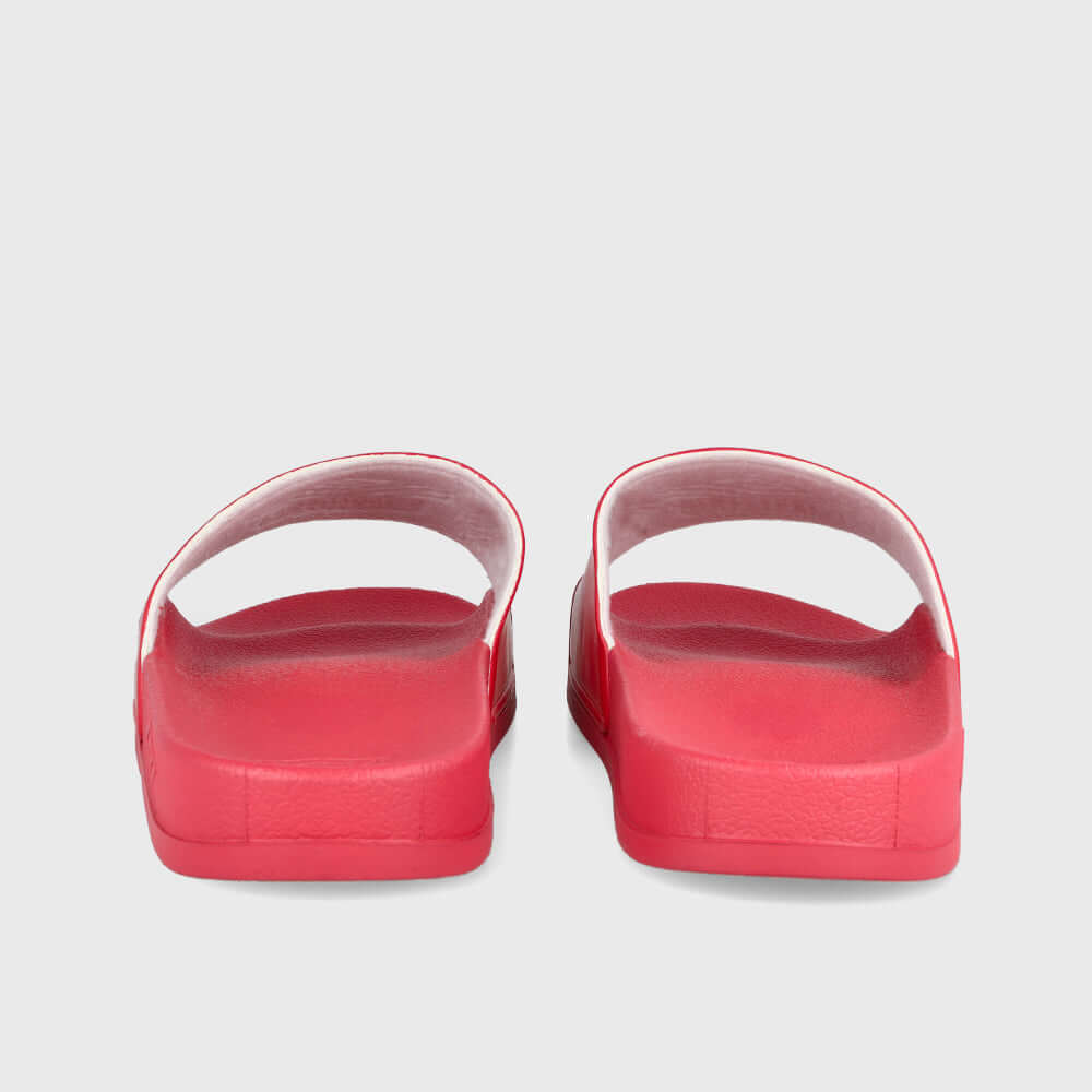Back view of Umbro unisex maroon slide sandals with cushioned footbed, perfect for casual wear and poolside relaxation.