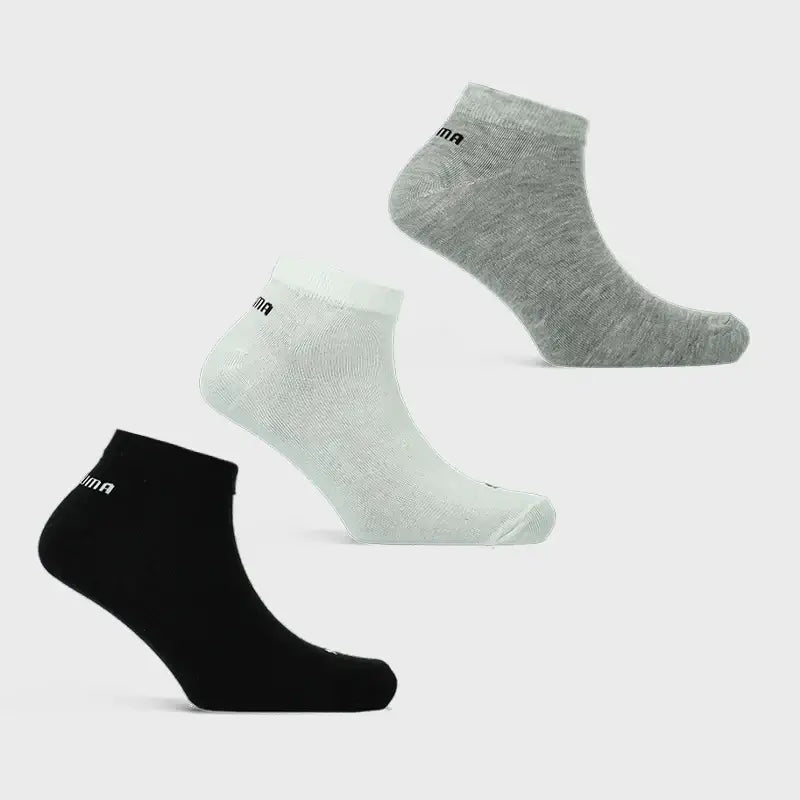 Puma unisex ankle socks in black, white, and grey, featuring cushioning and non-slip design, ideal for any occasion.