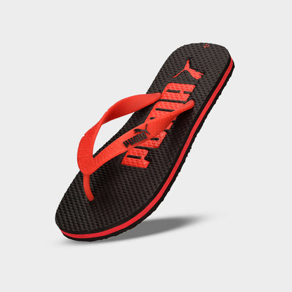 Puma Youth Essential Flip Ii Thong Sandals Black featuring a red strap and textured sole for comfort and style.