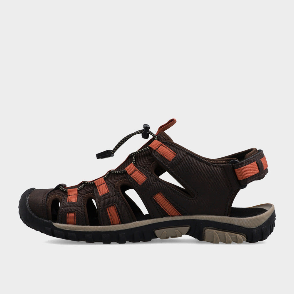 Hi-Tec men's Cove Sport outdoor sandals in brown, featuring a durable design and adjustable straps for comfort.
