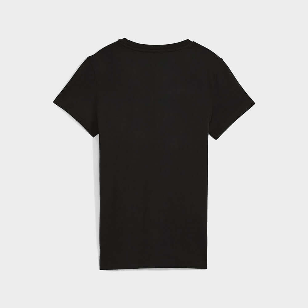 Puma Womens Graphic Stacked Tee Black, back view of black crew neck t-shirt made from 100% cotton.