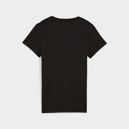 Puma Womens Graphic Stacked Tee Black, back view of black crew neck t-shirt made from 100% cotton.