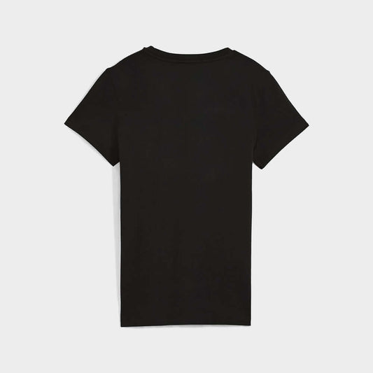 Puma Womens Graphic Stacked Tee Black, back view of black crew neck t-shirt made from 100% cotton.