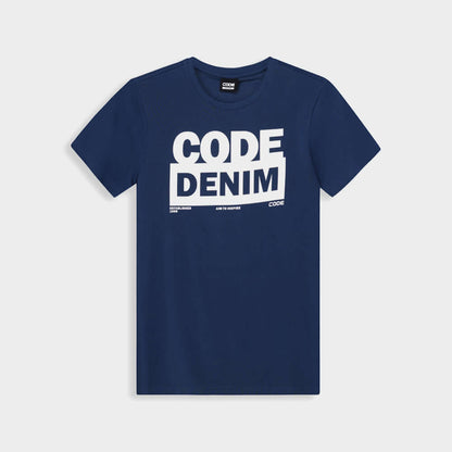Code Mens Pig Blue logo tee in navy blue with bold CODE DENIM print.
