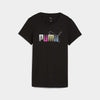 Puma Womens Graphic Stacked Tee Black featuring a colorful logo on a black crew neck tee.
