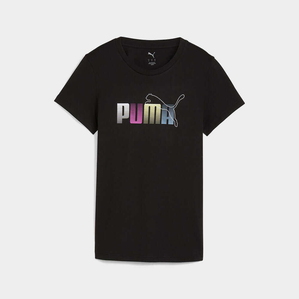 Puma Womens Graphic Stacked Tee Black featuring a colorful logo on a black crew neck tee.