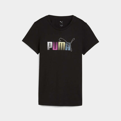 Puma Womens Graphic Stacked Tee Black featuring a colorful logo on a black crew neck tee.