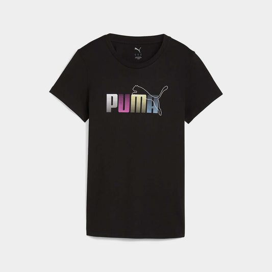 Puma Womens Graphic Stacked Tee Black featuring a colorful logo on a black crew neck tee.