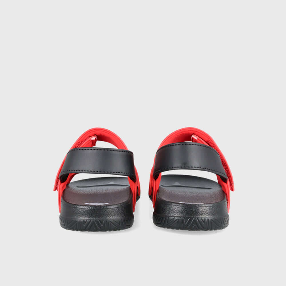 Back view of Umbro kids embossed strap sandals in red with adjustable straps for secure fit.